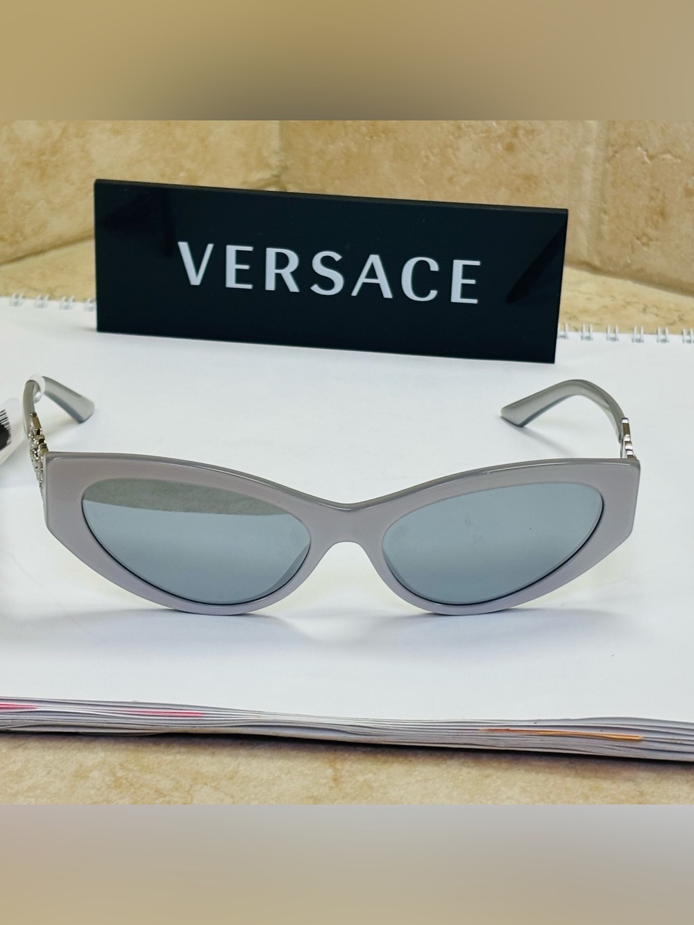 New Versace BE4470N 5474/1U Cat-Eye Sunglasses in Pearl Gray/Mirror lenses